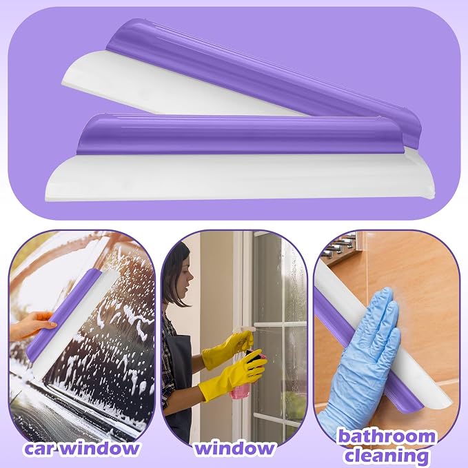2 Pack 14 Inch Car Drying Squeegee Purple Silicone Window Blade | Flexible Silicone for Drying Windshield Shower Glass, Bathroom Window Cleaner, T-bar Design, Long Handle Wash Tool