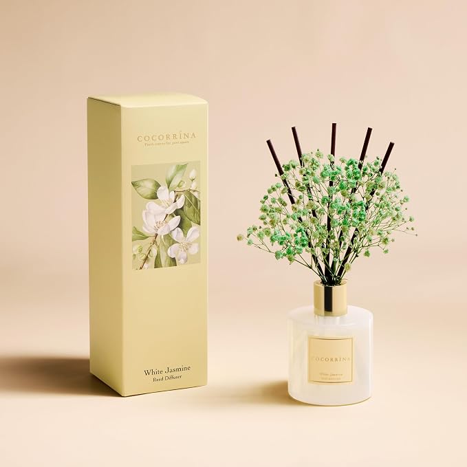 Reed Diffuser - White Jasmine 6.7 Fl.oz Reed Diffuser Set with Sticks & Preserved Baby's Breath, Reed Diffuser for Home Bathroom Shelf Decor