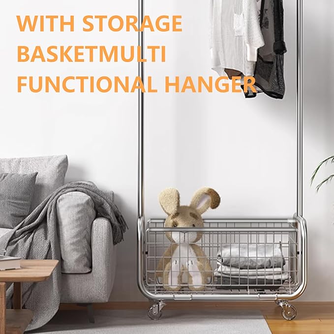 Garment Rack With Storage Baskets,Clothing Rack for Hanging Clothes, Multi-functional Bedroom Clothes Rack with Wheels for Bedroom, Living Room, Easy Assembly (24inch length)