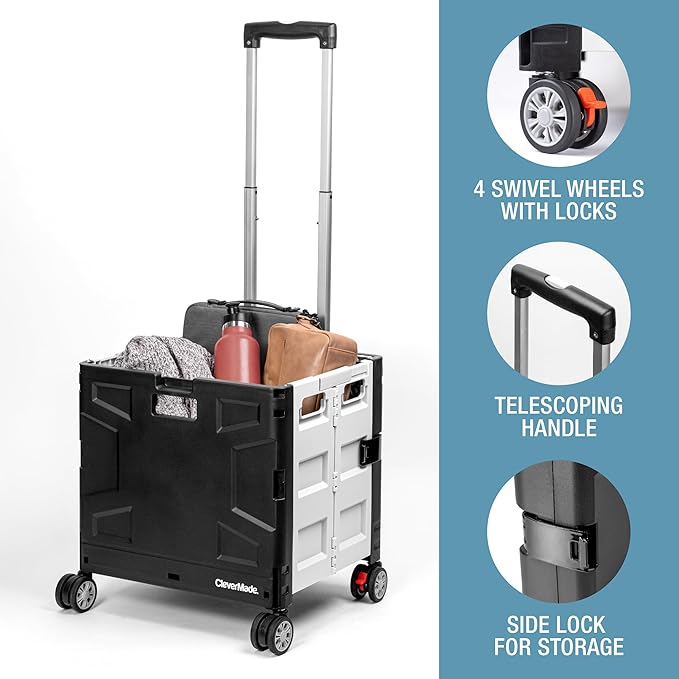 CleverMade Collapsible Wheeled Crate with Lid, 4-Wheels - Swivel and Glide Rolling Crate with Handle and Double Wheels for Easy Transport and Versatile Use - 35L and 75lb Capacity, Black/Cream