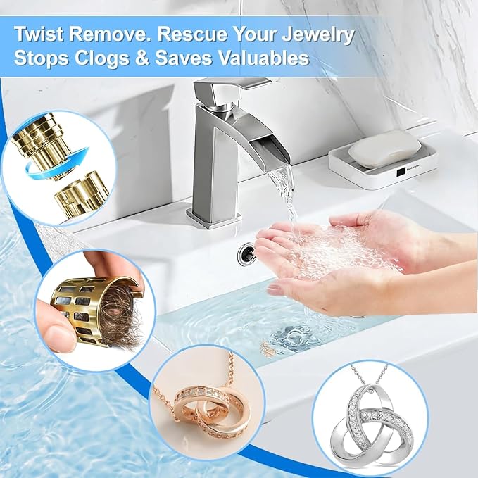 (All Metal) Bathroom Sink Stopper, Pop Up Drain Strainer for Bathroom Sink, Sink Plug Hair Catcher, Silent Popper Core w/Removable Filter Basket,Fit 1.05~2.0''Basin (Gold, 2 Pack)
