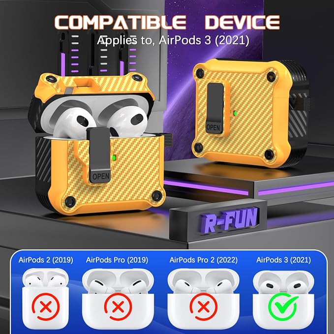 R-FUN for AirPods 3 Case Cover with Lock Magnetic Lid, Orange | Compatible with Apple AirPods 3rd Generation (2019) Case with Cleaner Kit & Carabiner, Powerful Drop Protection