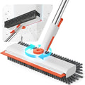 Floor Scrub Brush with Long Handle, 3 in 1 Deck Brush with Squeegee | 360° Swivel, Dual-side Bristle Floor Scrubber with Tweezer for Tile Wall Bathtub Patio Garage Pool Kitchen (Orange and White