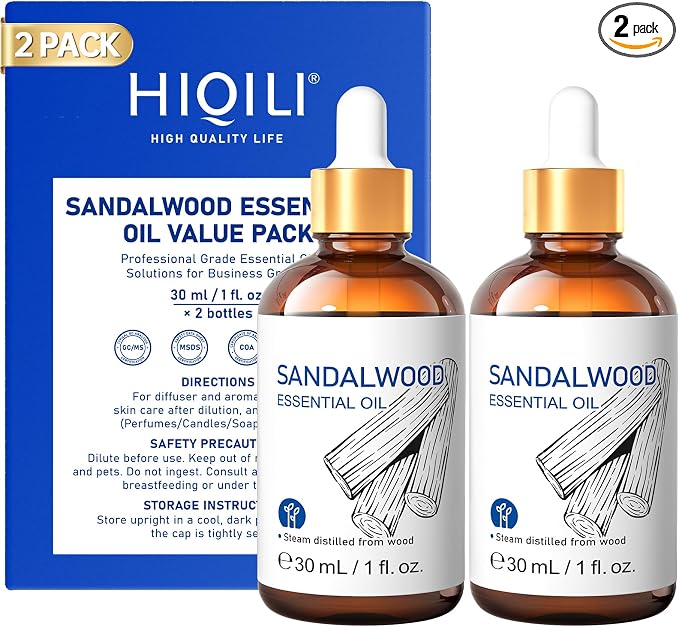 HIQILI Sandalwood Essential Oil 30ml 2-Piece Set | Perfect for Sharing & Gifting, for Skin Care, Massage, DIY Candle Soap, Meditation & Relaxation - 1 fl oz (2 pack)