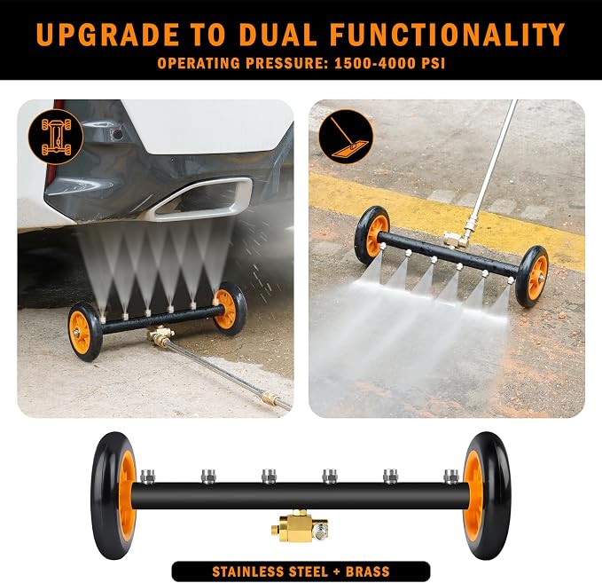 Undercarriage Pressure Washer Attachment with 6 Nozzles, 16" Water Broom | Dual-Function for Pressure Washer Undercarriage Cleaner with 3 Pieces Extension Wand, 4000 PSI, Orange