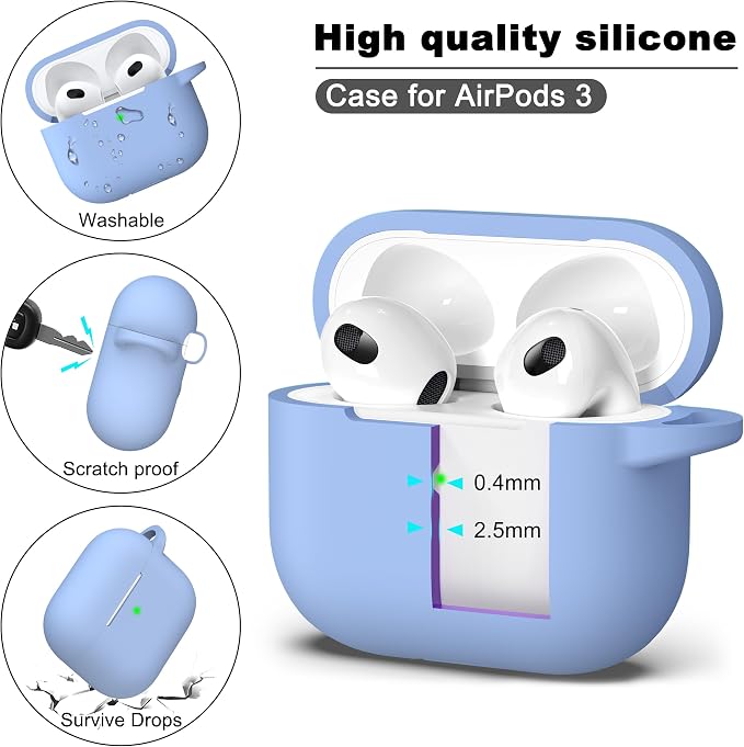 Compatible with AirPods 3 Case Cover, Silicone Protective Accessories Skin with Keychain Compatible with Apple AirPod 3rd Generation 2021 for Women Men Girls Boys,Front LED Visible,Blue Grey