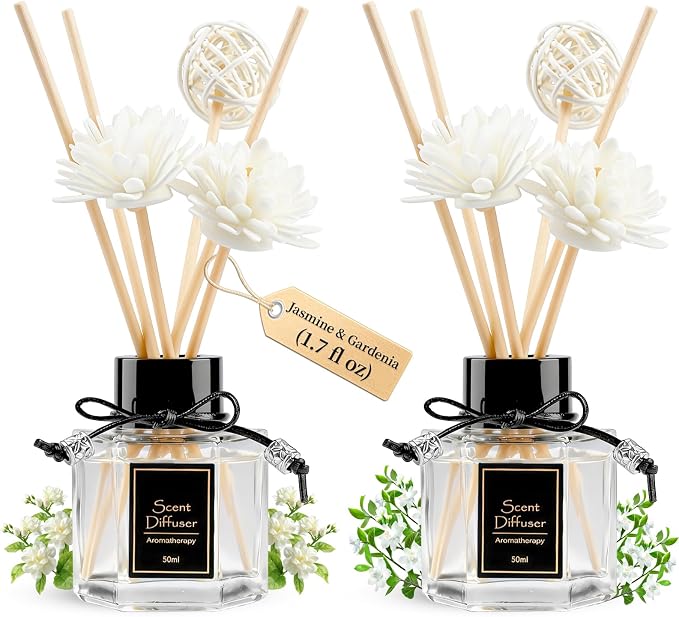 Jasmine + Gardenia Reed Diffuser Set of 2 for Bathroom, Essential Oil Diffuser Sticks | Home Air Freshener Fragrance with 6 Reeds for Diffuser | Smell Good for Home Shelf Decor (1.7 fl oz x 2)