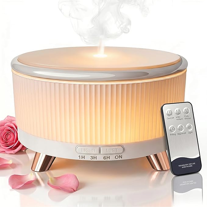500ml Essential Oil Diffuser, Ultrasonic Aromatherapy Diffuser | Cool Mist Humidifier with Remote Control, 7-Color Lighting, Timer & Auto-off for Home/Bedroom/Yoga/Office/Living Room (White)