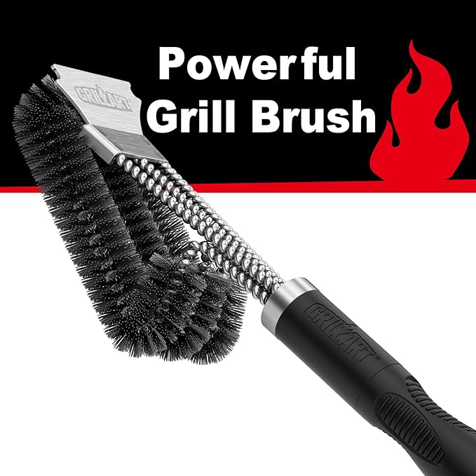 GRILLART Grill Brush, 18'' Extra-Strong Handle, BBQ Cleaner with Scraper | Remove Tough Grime, Triple Safe Wire Bristle Scrubbers, for Gas, Charcoal & Smoker, Steel Grates, 360°Wizard Cleaning