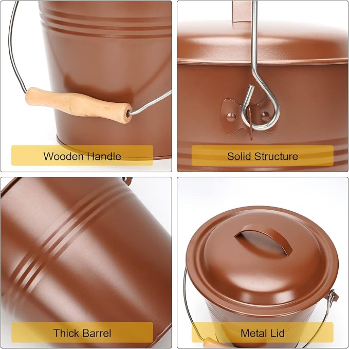 Mini Ash Bucket with Lid, Fireplace Ash Bucket - Copper | 1.5-Gallon Ash Bucket With Lid and Shovel and Hand Broom, Metal Ash Bucket for Fireplace, Fire Pit, Wood Stove