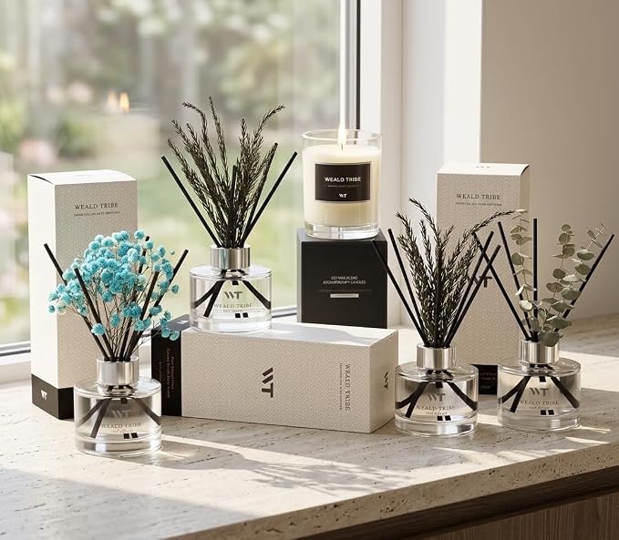 Flower Reed Diffuser Set Balsam Fir Scent for Bathroom Accessories Shelf Decor & Air Fresheners, Fresh Air Sticks Defusers with 5.1 fl oz Essential Oils, House Office Decor & Gifts