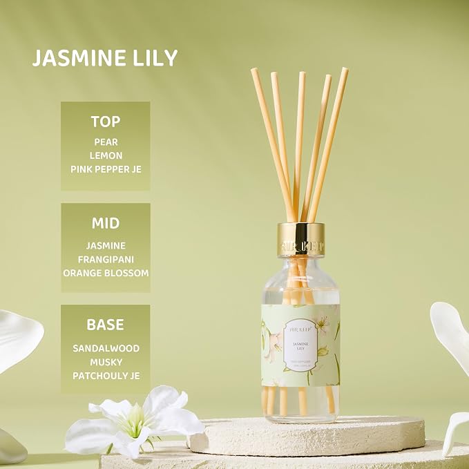 Reed Diffuser Oil Set with Reed Sticks,Jasmine Lily Aromatherapy Oil Scent Diffuser for Home Office Bathroom Decoration Perfume and Gifts 3.38 oz/100ml