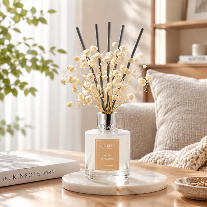 Reed Diffuser Set,3.38 fl oz (100 ml) - Warm Teakwood Oil Diffusers with 8 Reed Sticks, Home Fragrance Reed Diffuser for Bathroom Shelf Decor