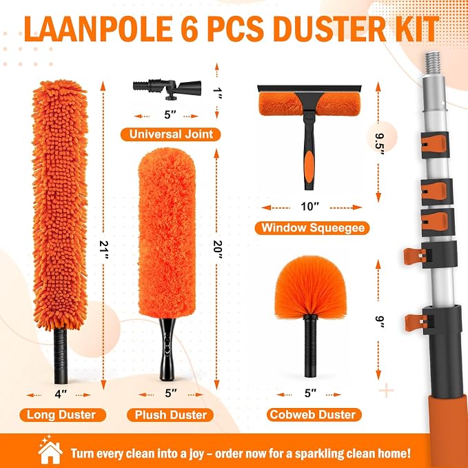 LAANPOLE 30FT High Reach Duster Cleaning Kit with Extension Pole, High Ceiling Fan Cleaner Duster Tool for Fan Blades, Window Washing Kit with Microfiber Feather Duster & Window Squeegee