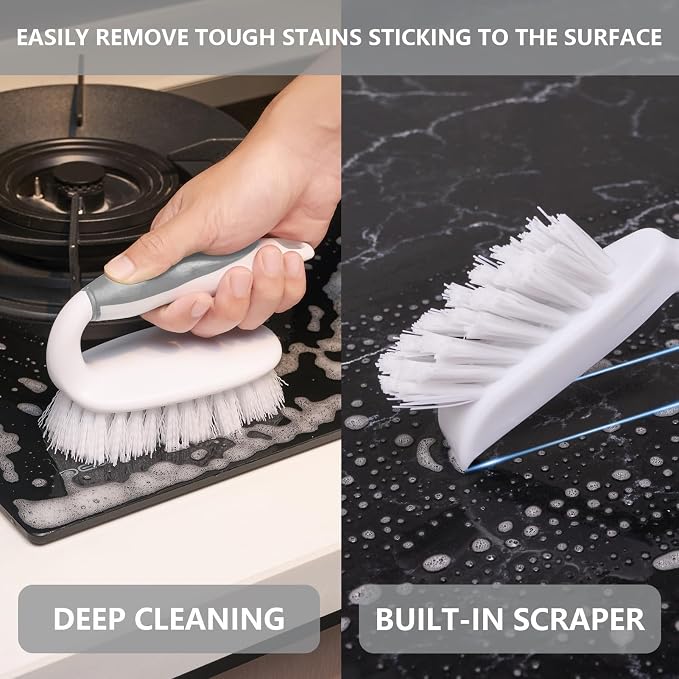Scrub Brush Set, 4 Pack Deep Cleaning Brush Kit, Gray | 2 Scrub Brush, 2 Tile & Grout Brush with Built-in Scraper, Household Commercial Scrubber for Floor, Shower, Pool Wall, Tub