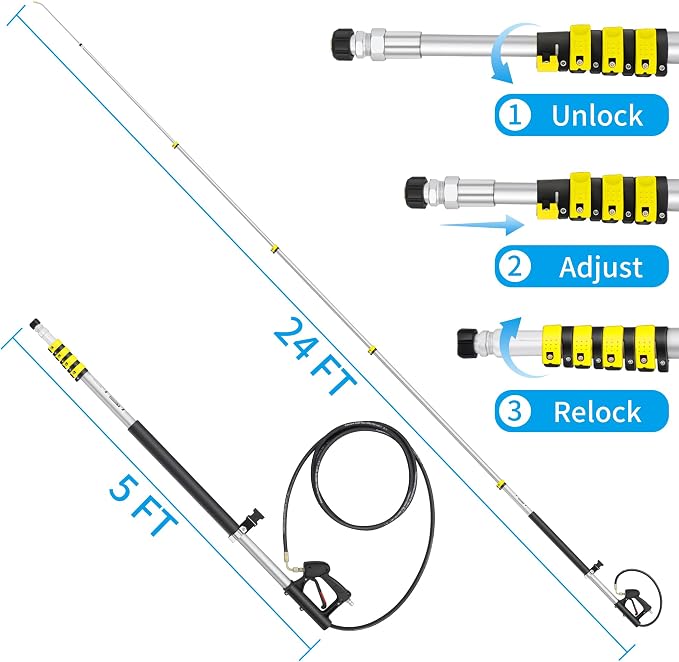 24 FT Telescoping Pressure Washer Extension Wand, Aluminum Power Washer Extension Wand with Turbo Nozzle & Brush Head, Solar Panel Cleaner Pole, 7 Nozzle Tips, 3 Adapters & Harness