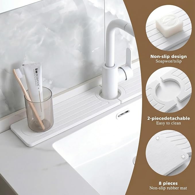 Faucet Mat for Kitchen Sink -Diatomite Stone Drying Mat for Kitchen Counter & Bathroom Sink,Quick-Dry Kitchen Sink Mat-Sink Protector & Splash Guard,Super Absorbent (White, 15.8"x4")
