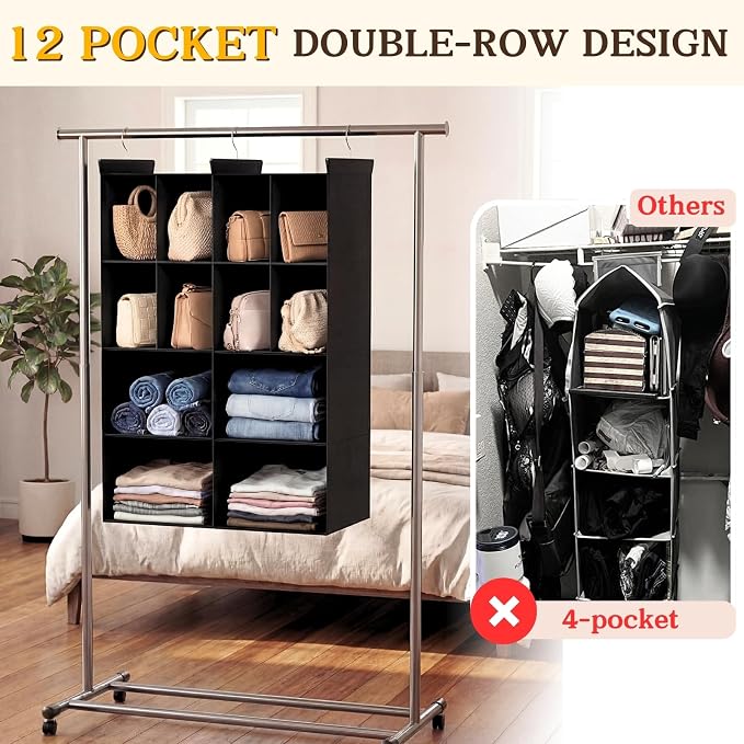 4 Tier Hanging Closet Organizer, 12 Compartments Dual Row Storage, Black | Closet Organizers and Storage with Large & Small Cubbies, 3 Sturdy Hooks Support Heavy Loads, for Dorm, RV, Garment Rack