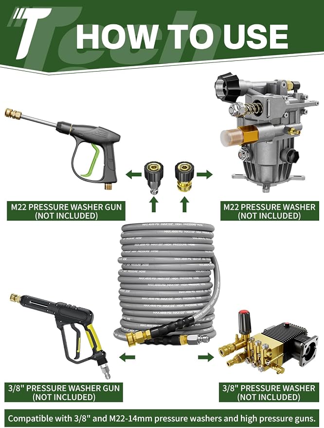 3/8" 4800PSI Pressure Washer Hose 25FT with Swivel Quick Connect for Cold/Hot Water Max 248°F, Kink Resistant Steel Wire Braided, Wear Resistant Power Washer Hose with M22 14mm Adapter