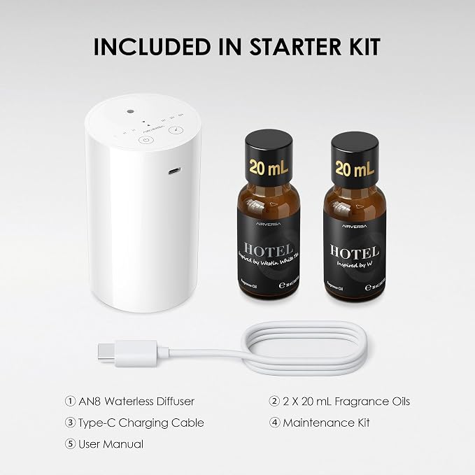 Airversa AN8 Waterless Essential Oil Diffuser Starter Kit, White | 2X20 mL W+WST Hotel Scent Fragrance Oil, Up to 600 sq ft, Battery Operated, Portable for Home Car Office, AN8Kit-2x20-W