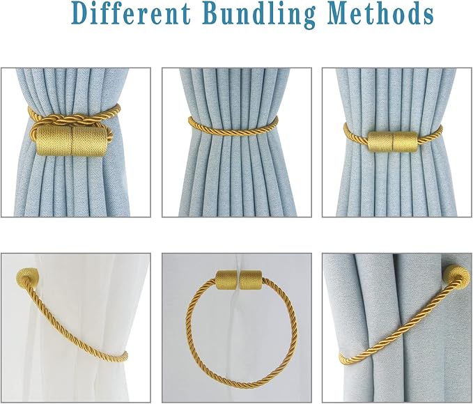 Magnetic Curtain Tiebacks 2 Pack Gold Curtain Rope Tieback Curtain Holders for Drapes Modern Tie Backs Decorative Curtain Holdbacks