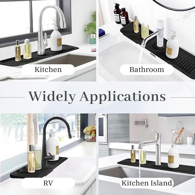 PoYang 24 Inch Faucet Mat for Kitchen Sink Splash Guard Behind Faucet, Sink Protectors for Kitchen Sink Faucet Mat Splash Guard for Kitchen Sink Area, Longer Silicone Faucet Guard Draining Mat, Black