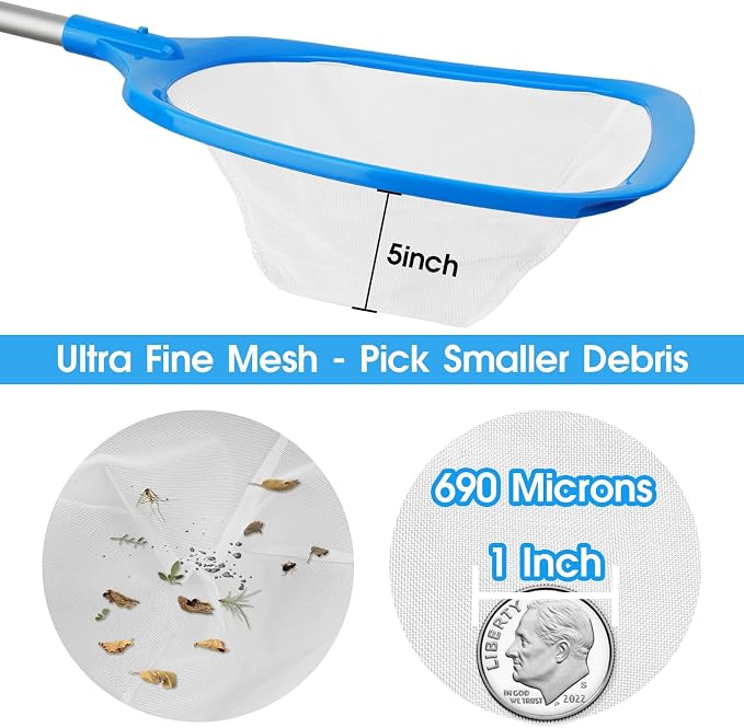 TidyMister Pool Skimmer Hot Tub Skimmer Spa Net with 12'' Aluminum Pole Ultra Fine Mesh Pool Net Accessories Leaf Skimmer for Small Pools Fine Debris