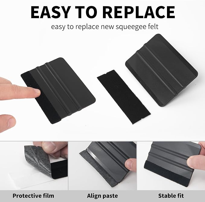 Vinyl Wrap Squeegee 2Pcs Black with Extra 2 Felt Replacements | Extra 2 Felt Replacements, Non Slip Plastic 4 Inch Squeegee, Scratch Free Bubble Elimination, Tool for Car Wrap Window Tint