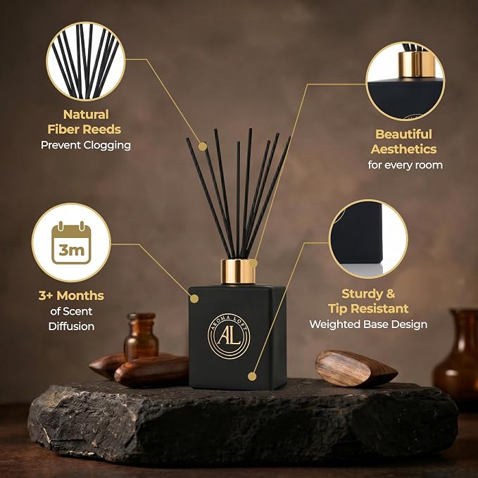 Black Reed Diffusers for Home | Premium Long-Lasting Fragrance Diffuser | Reed Diffuser Sticks in Oil Set | Smells Good in Bathroom & Office | Black, Spice Fragrance Oils Scent (5 oz)
