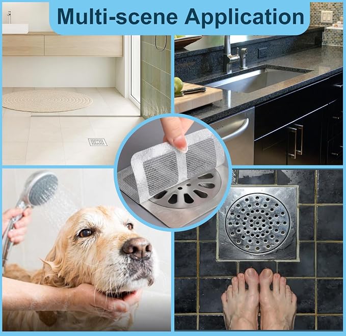 30 Pack Disposable Shower Drain Hair Catcher Mesh Stickers 4"x4" Strong Adhesive Mesh Covers for Bathroom, Kitchen & Laundry Waterproof Hair Trap Easy Apply & Remove