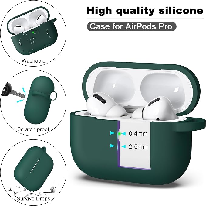 R-fun for AirPods Pro 2 Case, Soft Silicone Protective Cover with Keychain and Cleaning Pen, Compatible with AirPods Pro 2nd/1st Generation, Supports Wireless Charging, Forest Green