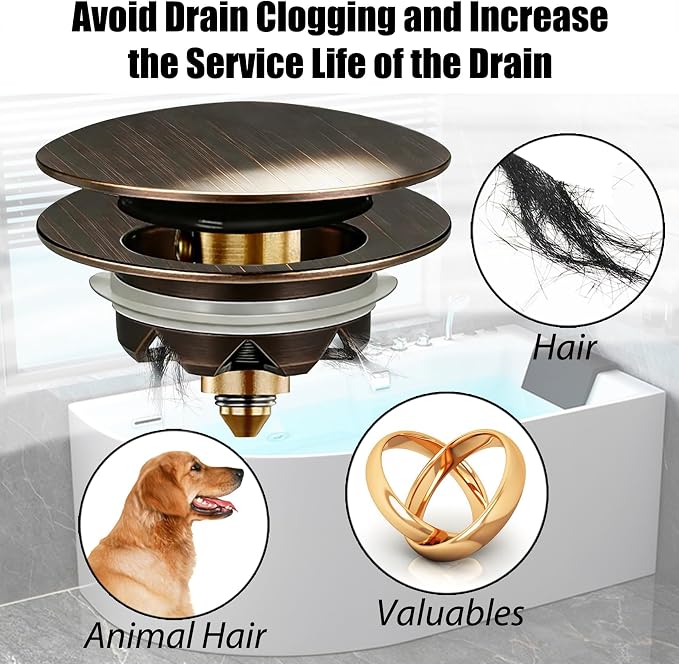 Anlige Bathtub Drain Stopper, Pop Up Tub Stopper and Cover, Bottom with Hair Catcher, Universal for 1.45 to 1.8in Drain, Replaces Old Drain Plug, Oil Rubbed Bronze