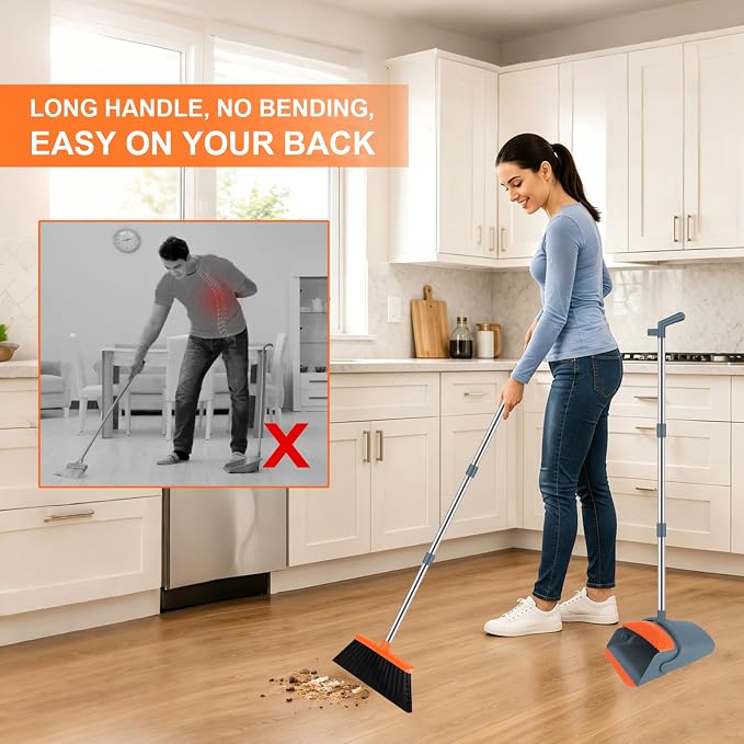 Broom and Dustpan Combo Set, 52" Long Handle with Squeegee & Mini Set | Orange Complete Cleaning Kit, Floor Squeegee for Wet & Dry Messes, Built-in Comb Dustpan, Mini Broom Set，for Home & Pet Areas