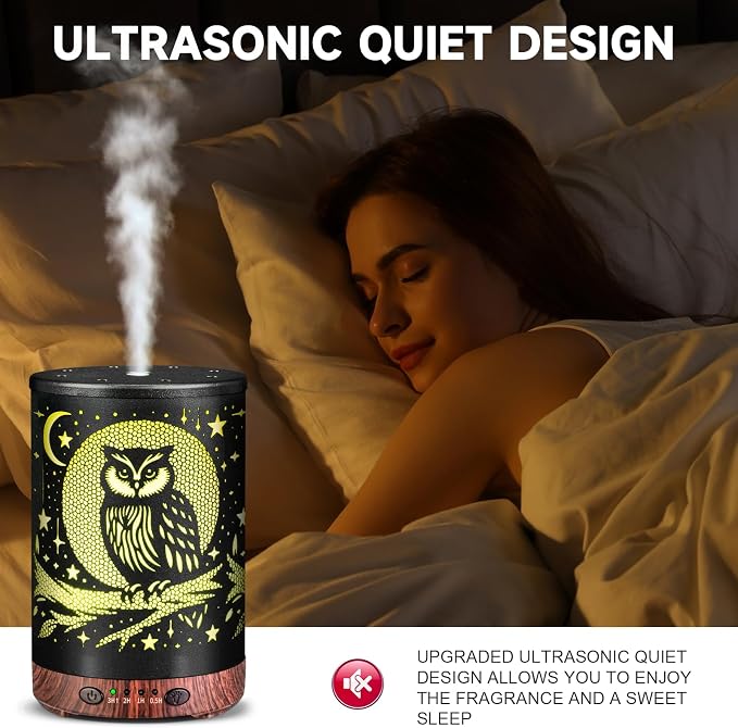 Essential Oil Diffuser 120ML Metal Aromatherapy Diffuser with Timer, Cool Mist Humidifier with Auto Shut-Off & 7 Color Lights for Home Office Spa (Owl)
