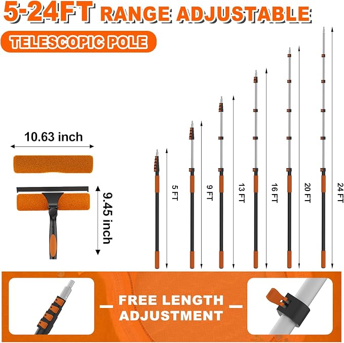 SISUPASSIE 30FT Reach 2-in-1 Window Squeegee, Professional Window Washing Kit with 5-24FT Extension Pole for Home, Indoor Outdoor Squeegee with Rotatable Head for High Windows