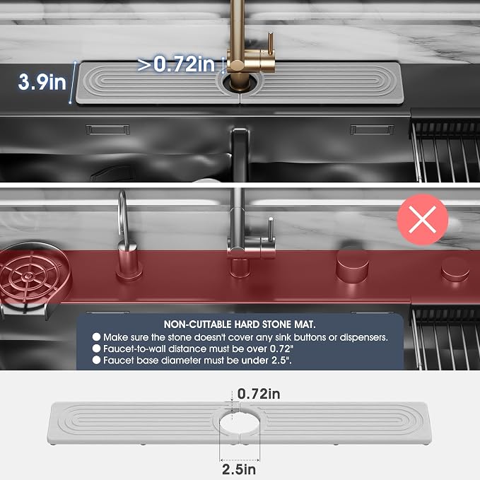 Quick Drying Stone Faucet Mat for Kitchen Sink - Diatomite Sink Mat Absorbing Stone Tray for Bathroom Counter, Sink Faucet Splash Guard Water Protector Matt for Kitchen Counter(Light Gray, 17.7"x3.9")