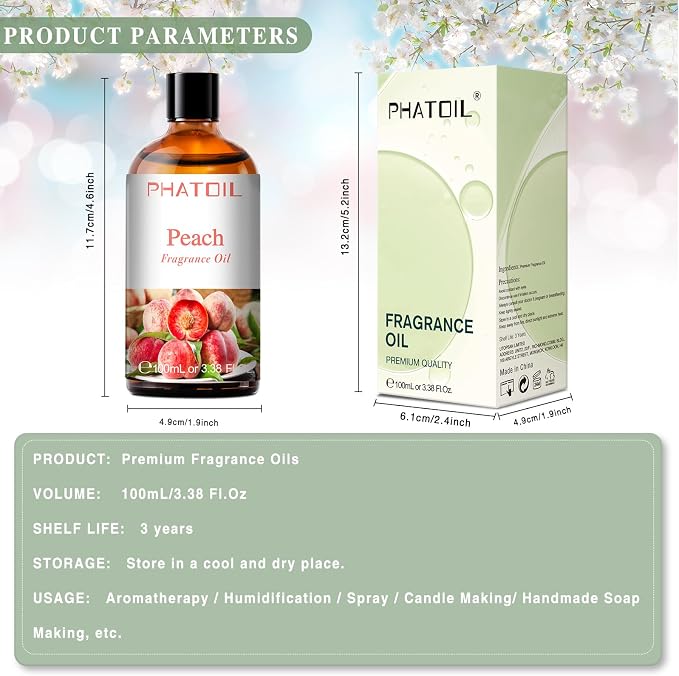 PHATOIL Peach Fragrance Oil for Diffuser Aromatherapy 3.38FL.OZ | Long Lasting Scented Oils For Humidifier, Air Freshener, DIY Soap Candle, Scent Project Making, Aroma Oil for Home Freshening