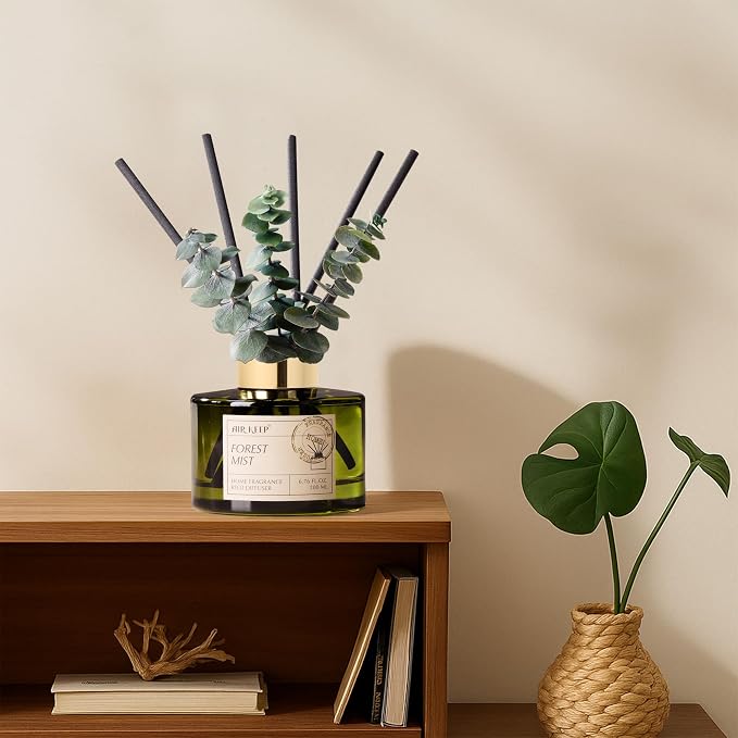 Reed Diffuser Set with 6.76 fl oz Forest Mist Scent Essential Oils and 3 Leaves & 8 Diffuser Sticks,Bathroom Shelf Decor & Air Freshener, House Bedroom Office Decor & Gifts