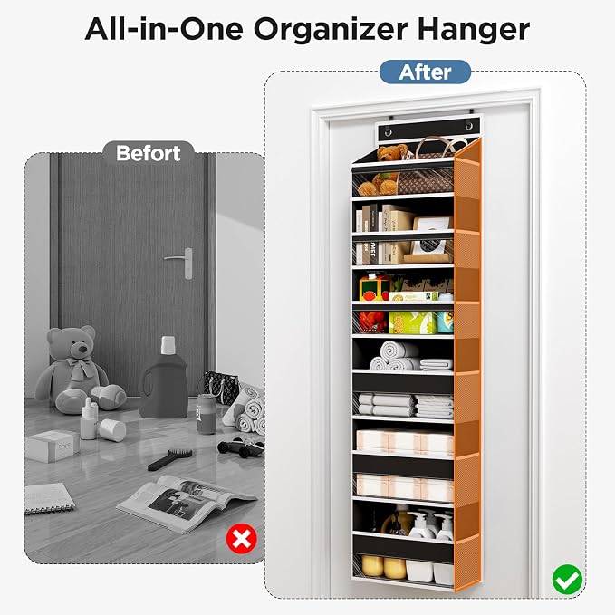 6 Tiers Over The Door Organizer, Behind The Door Storage Hanging Shelves | Heavy Duty Hanging Organizer Storage with Large Capacity Pockets for Closet Wall Bathroom Bedroom Nursery Pantry, 1 Black