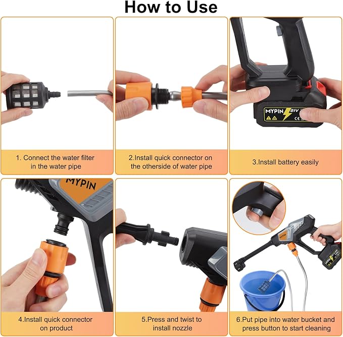 Portable Cordless Pressure Washer,600PSI Handheld Car Washer Two Batteries | 21V Rechargeable 2.0Ah Powered Pressure Washer, 6-in-1 Nozzle Operated Washer for Car/Fence/Garden/Floor/Yards/Pet Cleaning