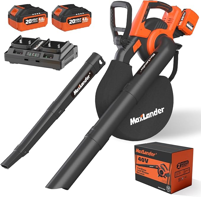 MAXLANDER Cordless Leaf Blower Vacuum Mulcher, 3-in-1 Leaf Vacuum with Bag | Brushless Battery Powered 40V 170MPH 360CFM Leaf Blowers for Lawn Care, 5-Speeds Dial, 2x4.0Ah Battery & Charger Included