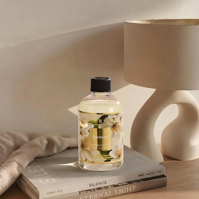 Reed Diffuser Refill Gardenia 10.14oz (300ml) with 8 Sticks - Premium Long-Lasting Floral Essential Oil, Home Fragrance for Bedroom, Bathroom Home Decor