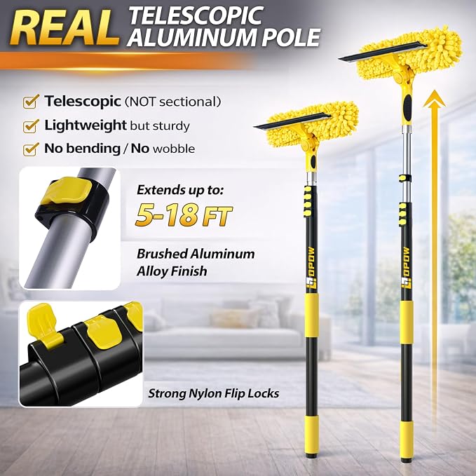 24 Feet High Reach Squeegee Window Cleaner Kit with 5-18Ft Extension Pole | 2 in 1 Window Cleaning Tool w/ 5-Stage Telescopic Pole &Rotatable Head,Window Washing Equipment for Solar Panel,RV,Car Glass