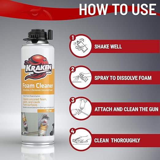 Kraken Bond Spray Foam Gun Cleaner - (12x12.3oz) Polyurethane Insulation Cleaner Spray, Dissolves Uncured Expanding Foam Cleaner Spray for Extended Tool Durability - 12 Pack