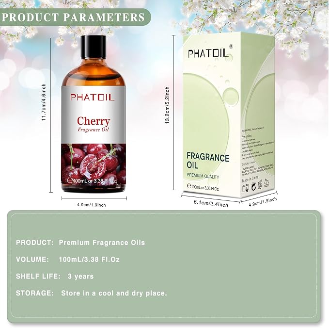 PHATOIL Cherry Fragrance Oil for Diffuser Aromatherapy 3.38FL.OZ | Long Lasting Scented Oils For Humidifier, Air Freshener, DIY Soap Candle, Scent Project Making, Aroma Oil for Home Freshening