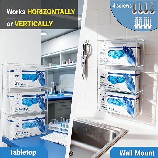 Triple Glove Box Holder Wall Mount, 3 Compartments Clear Acrylic Rubber Nitrile Gloves Dispenser for Lab, Hospital, Kitchen - Side-Loading - Mounting Hardware Included -10 x 3.5 x 16.4 IN