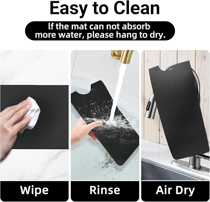 LOPNUR Faucet Mat for Kitchen Sink Cuttable, 29 Inch Extra Long Sink Splash Guard Behind Faucet, Super Absorbent Diatomite Sink Protector Mat, Bathroom Water Splash Guard Fast Dry, Easy to Cut, Black