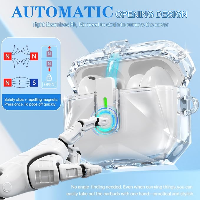 for AirPods Pro 3 Case Transparent with Lock, Clear White | Compatible MagSafe, Compatible with Apple AirPods Pro 3rd Generation Case with Cleaning Kit & Keychain, Auto Pop-Up