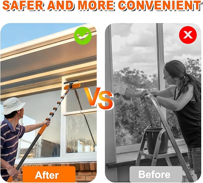SISUPASSIE 30FT Reach 2-in-1 Window Squeegee, Professional Window Washing Kit with 5-24FT Extension Pole for Home, Indoor Outdoor Squeegee with Rotatable Head for High Windows