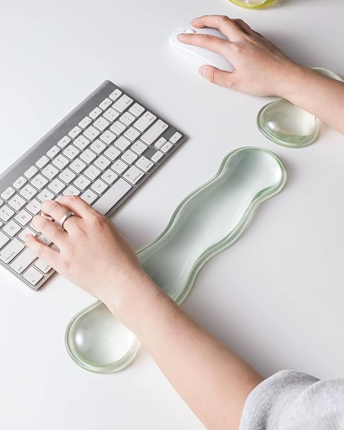 Mouse Pad with Wrist Rest, Soft Cloud Gel Keyboard Mouse Pad Set with Hand Wrist Support, Cute Non Slip Office Desk Accessories for Comfort/Pain Relief/Computer/Laptop (Green Wave)